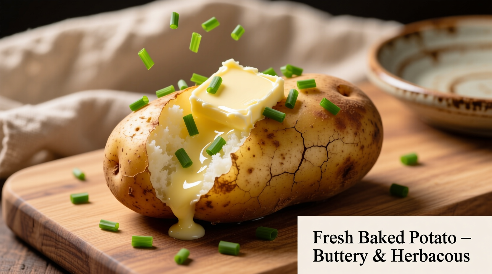 Fresh baked potato with butter and chives