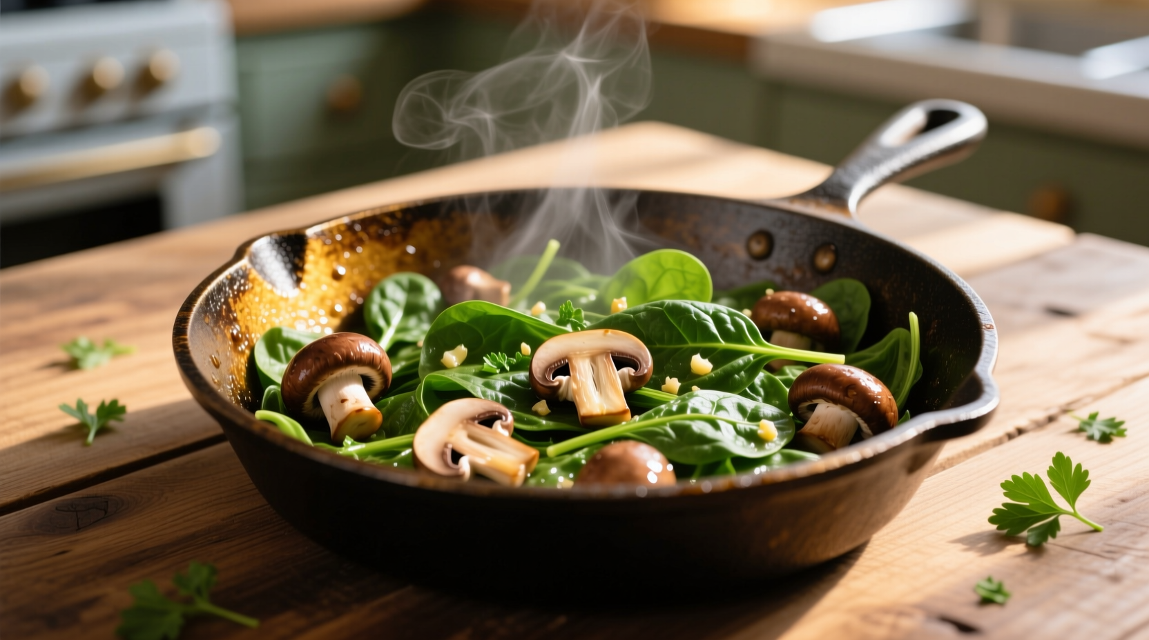 Fresh spinach and mushrooms in cast iron skillet