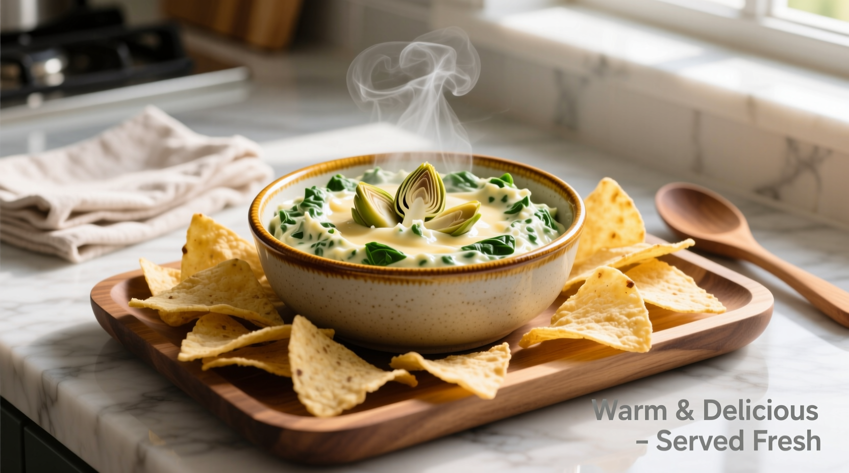 Creamy spinach artichoke dip served warm with tortilla chips