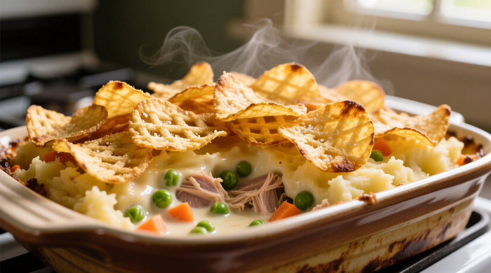 Golden tuna casserole with crispy potato chip topping