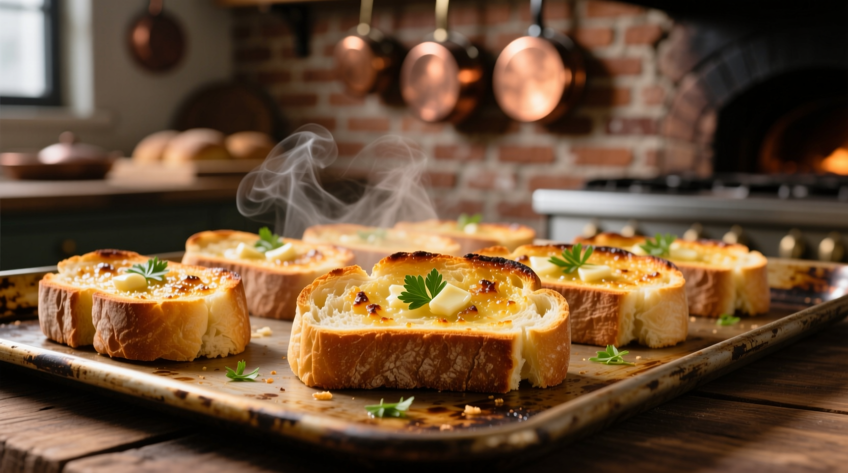 Golden garlic bread slices on baking sheet