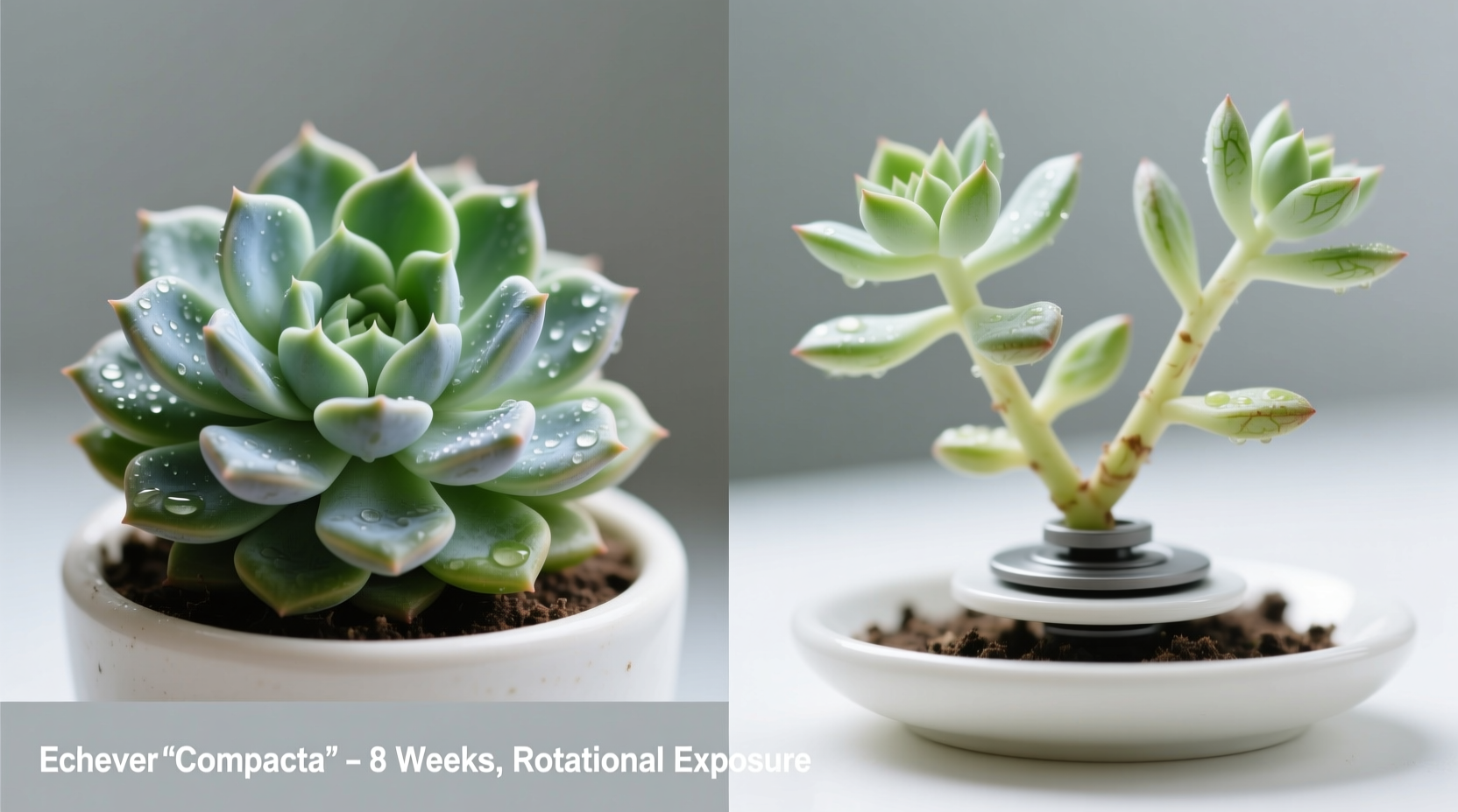 Side-by-side comparison: left shows a healthy, compact Echeveria with symmetrical rosette and taut leaves; right shows the same cultivar exhibiting mild etiolation and asymmetric leaf spacing after 8 weeks on a kinetic stand rotating every 24 hours