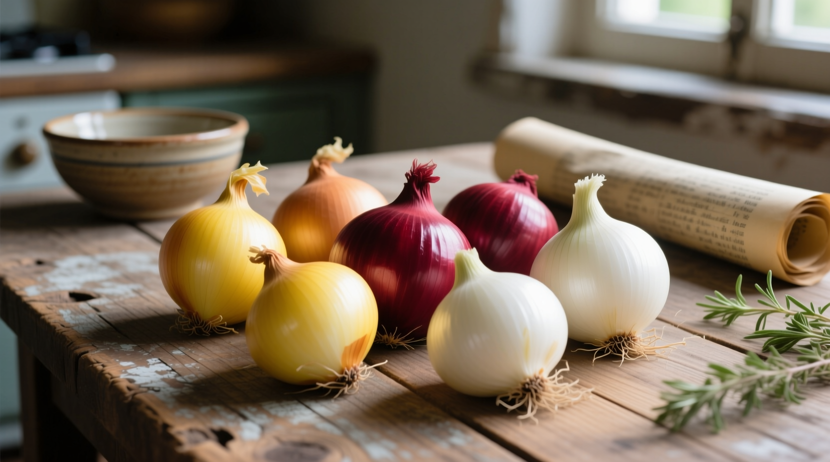 Fresh yellow, red, and white onions on wooden table