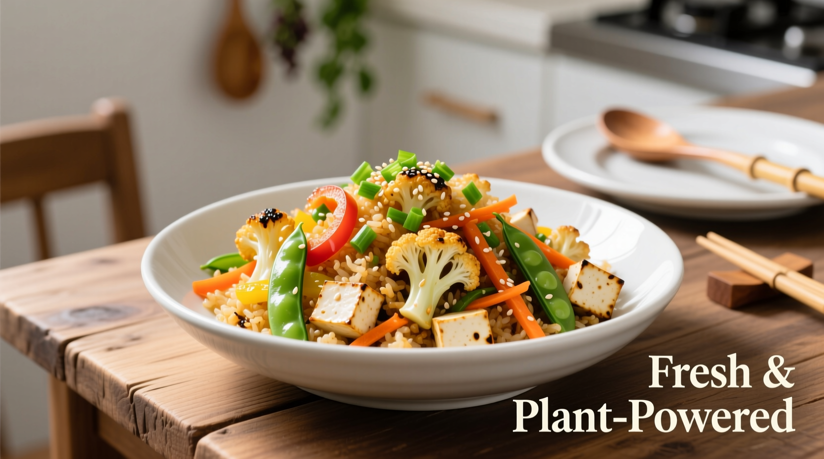 Cauliflower fried rice with colorful vegetables and tofu