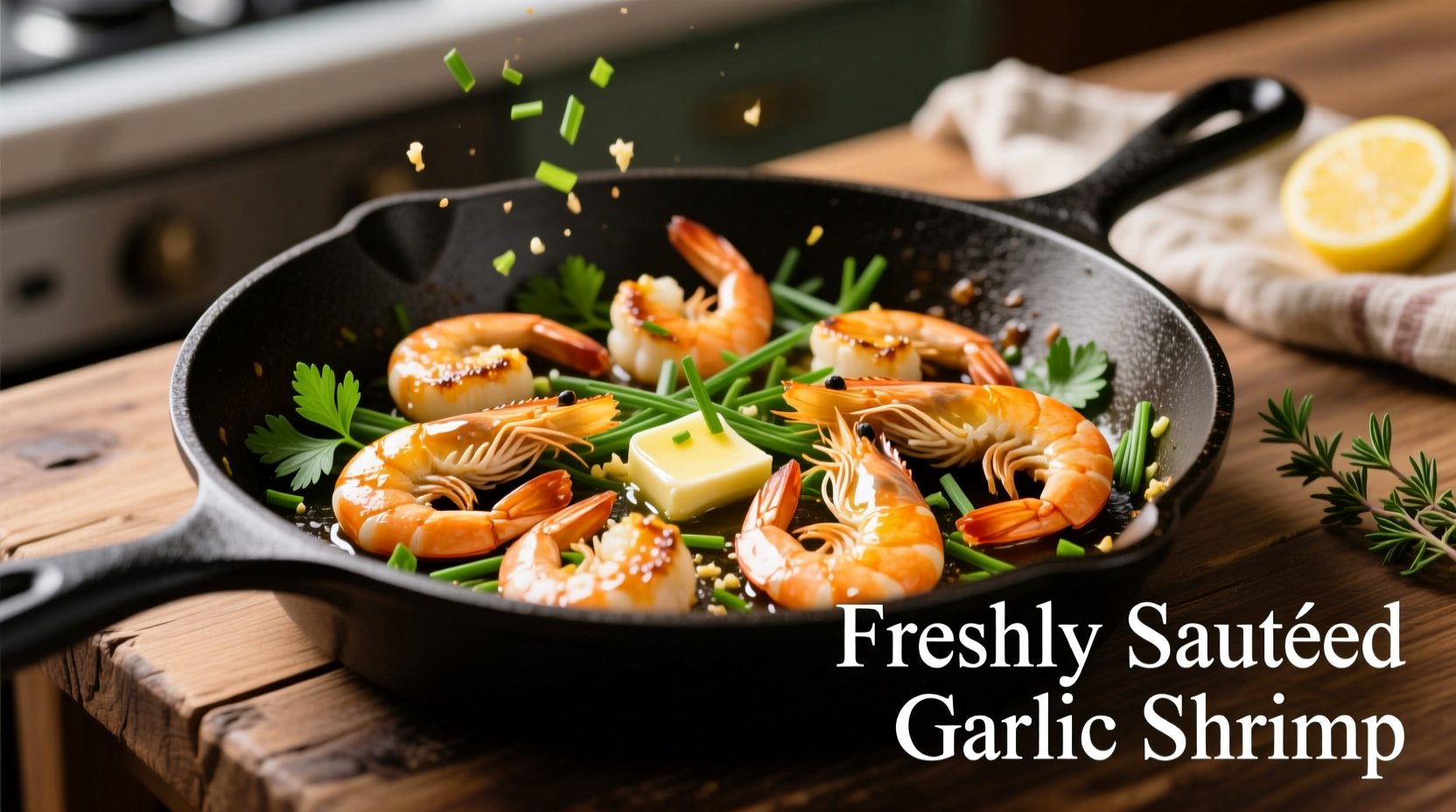 Perfect golden garlic shrimp in skillet with fresh herbs