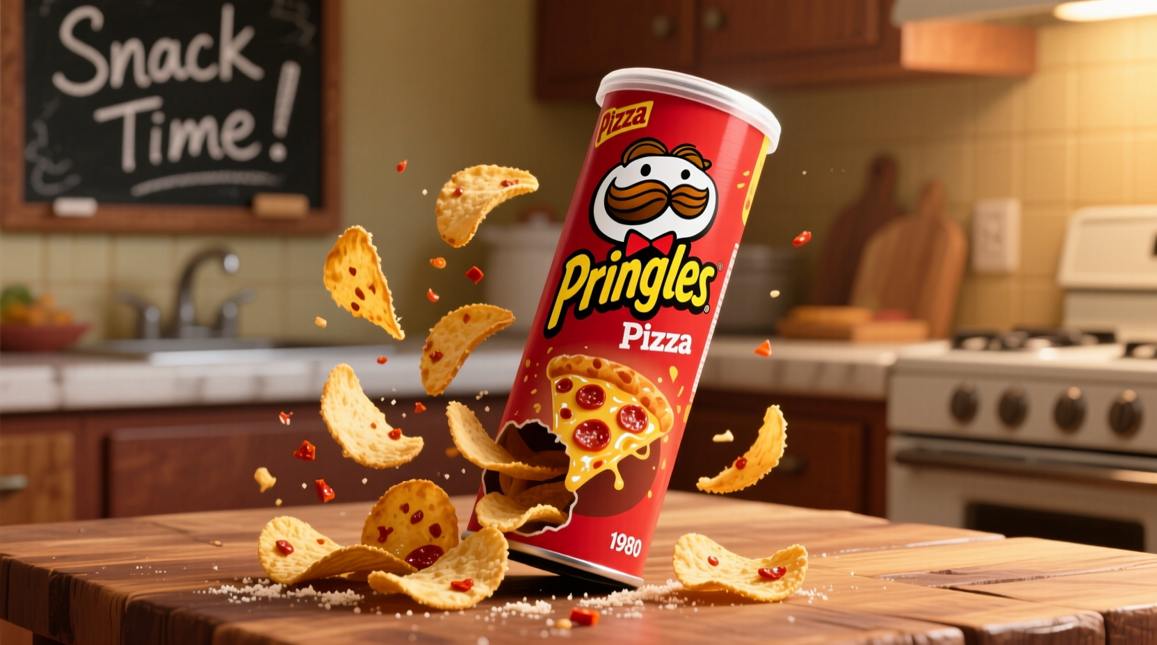 Pringles Pizza Potato Chips tube with several chips spilled out