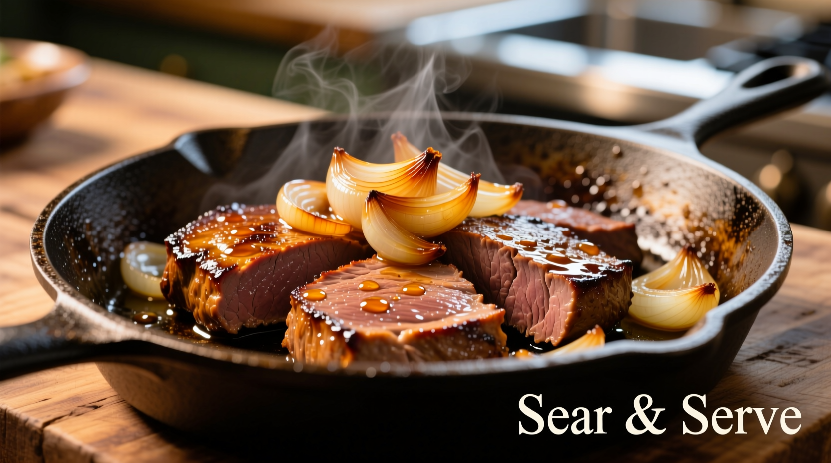 Perfectly seared liver slices with caramelized onions in cast iron skillet