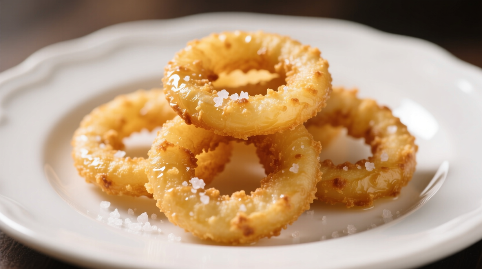 Golden crispy onion rings on white ceramic plate