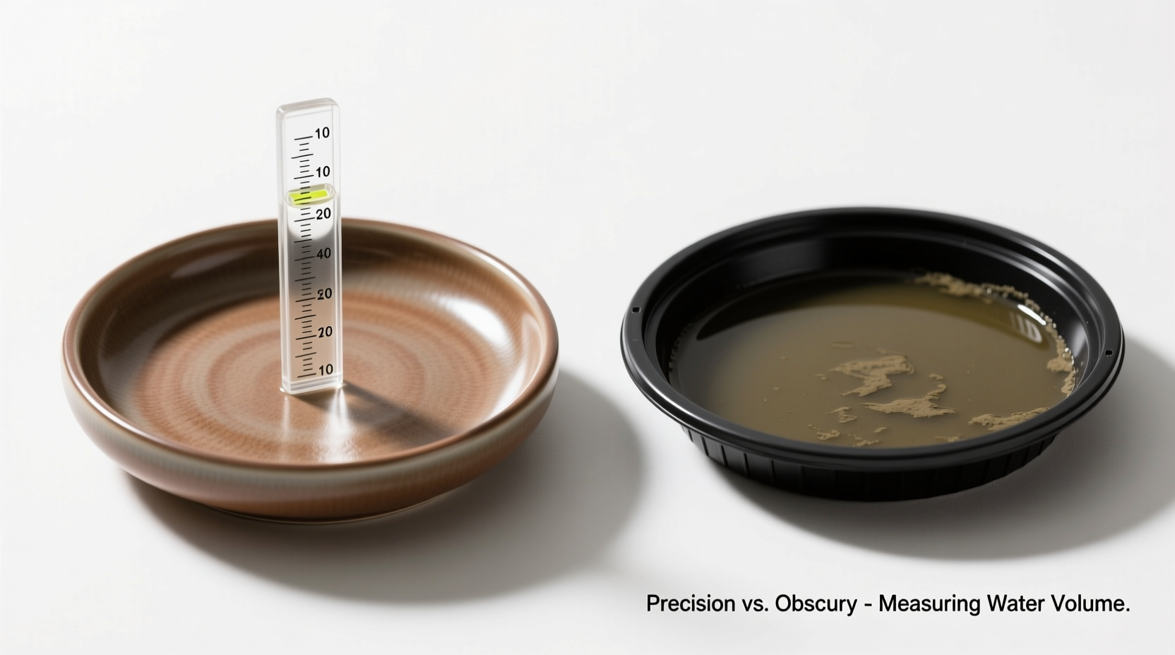 Side-by-side comparison showing a matte-glazed ceramic saucer with a vertical clear acrylic water-level strip, next to a traditional black plastic saucer filled with murky standing water and no visibility into volume