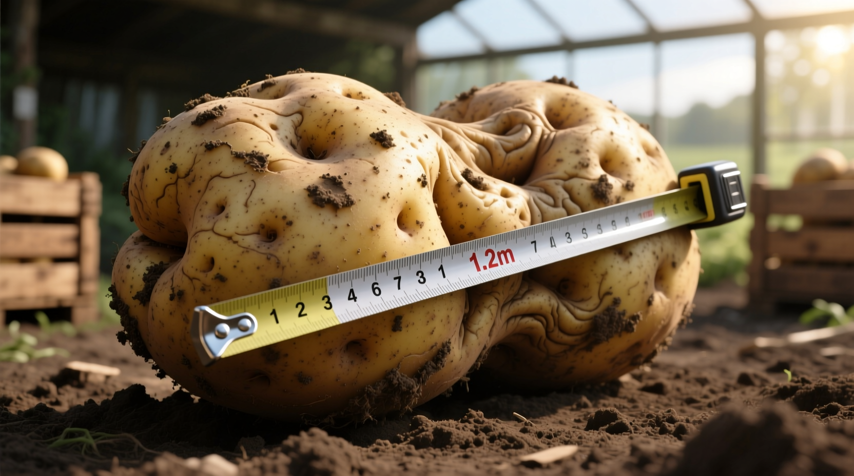 Close-up of world record potato with measuring tape