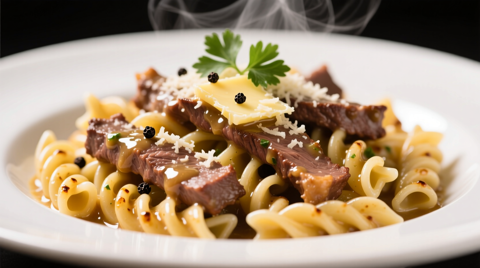 beef and rotini in garlic parmesan sauce