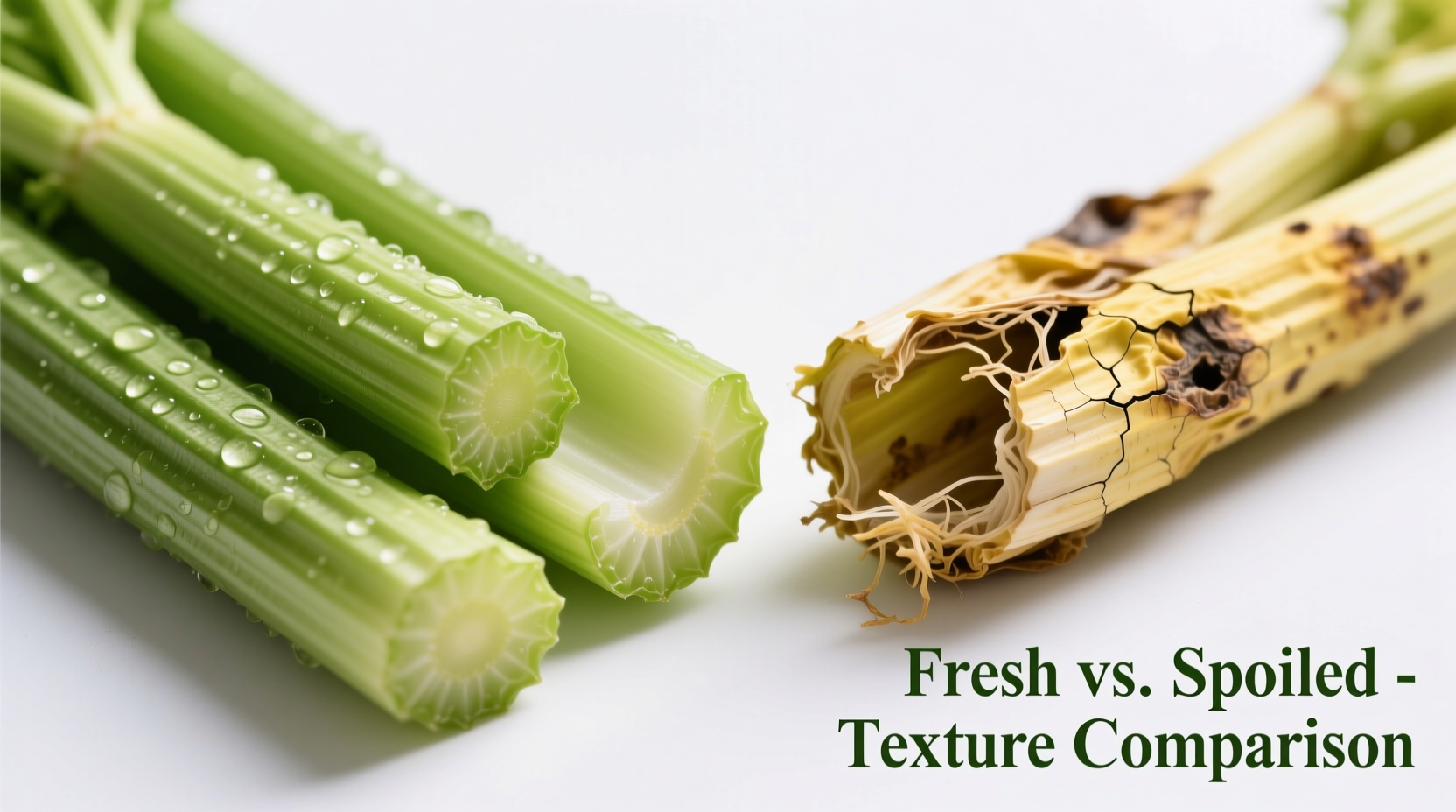 Close-up of fresh versus spoiled celery stalks showing texture differences