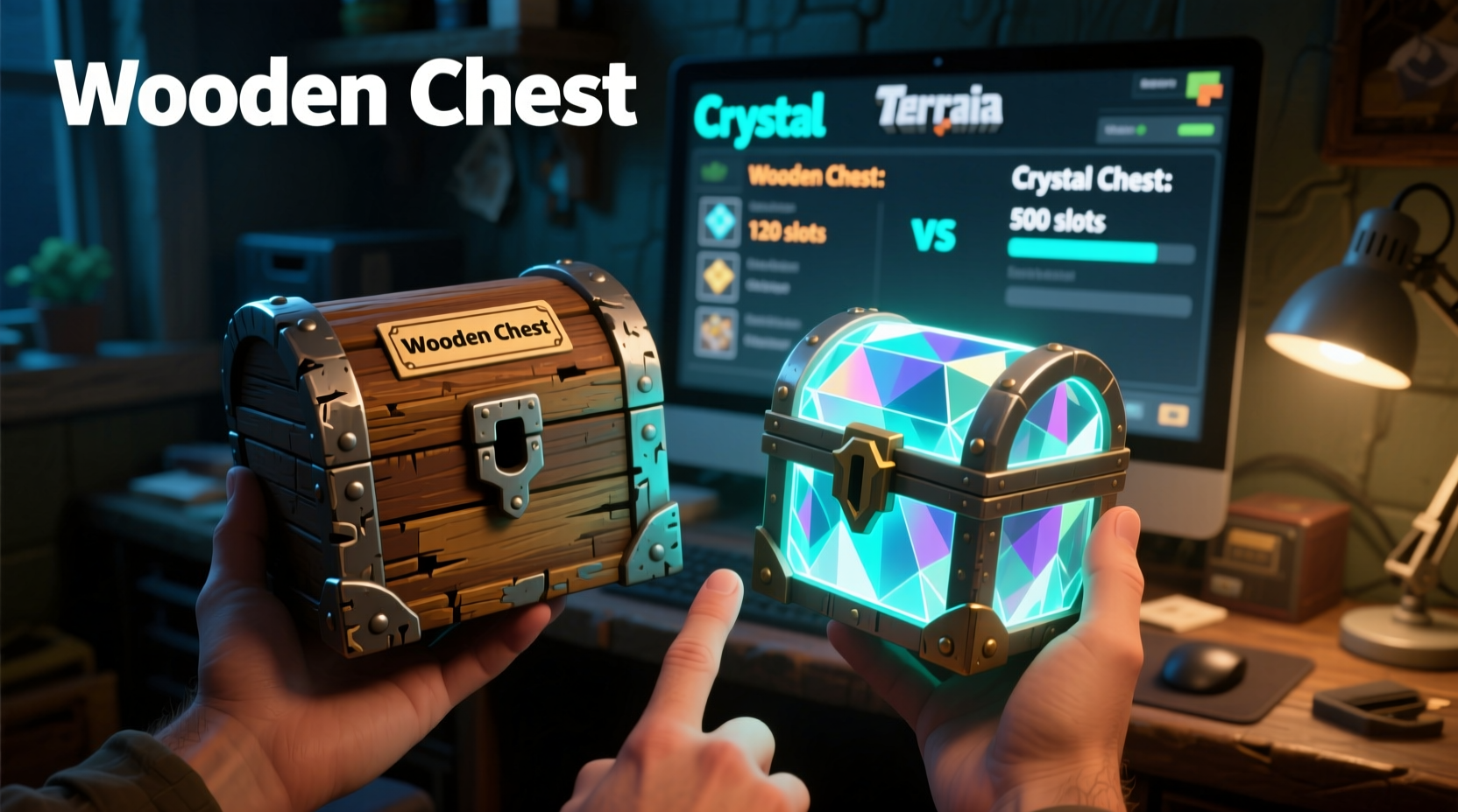 Terraria player comparing wooden chest to crystal chest storage capacity