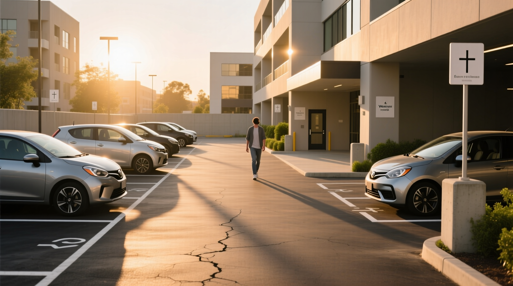 Visual comparison of parallel, perpendicular, and angled parking layouts in a parking lot