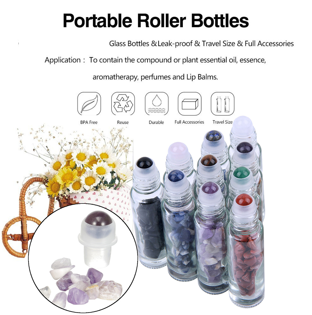 10ml Glass Roll On With Gemstone Essential Oil Roller Bottle With Bamboo Cap