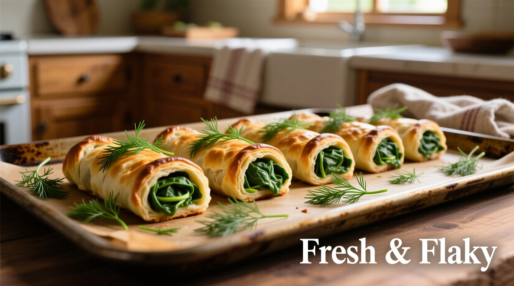 Golden brown spinach rolls on baking sheet with fresh dill