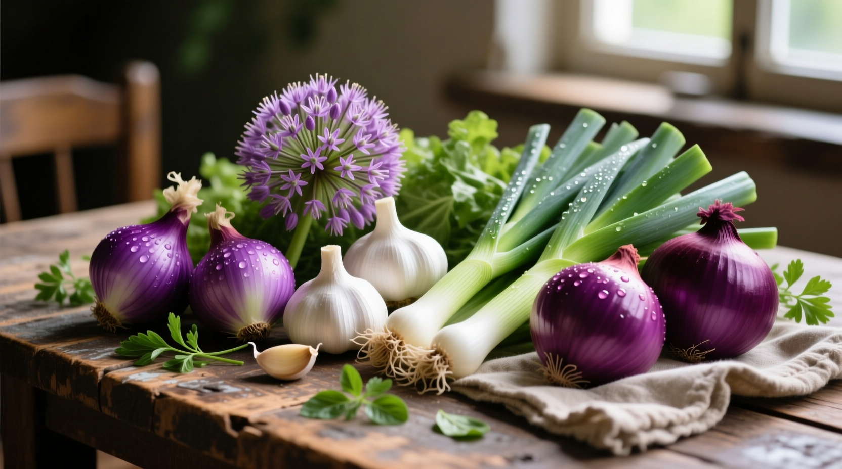 Colorful array of allium vegetables on wooden table