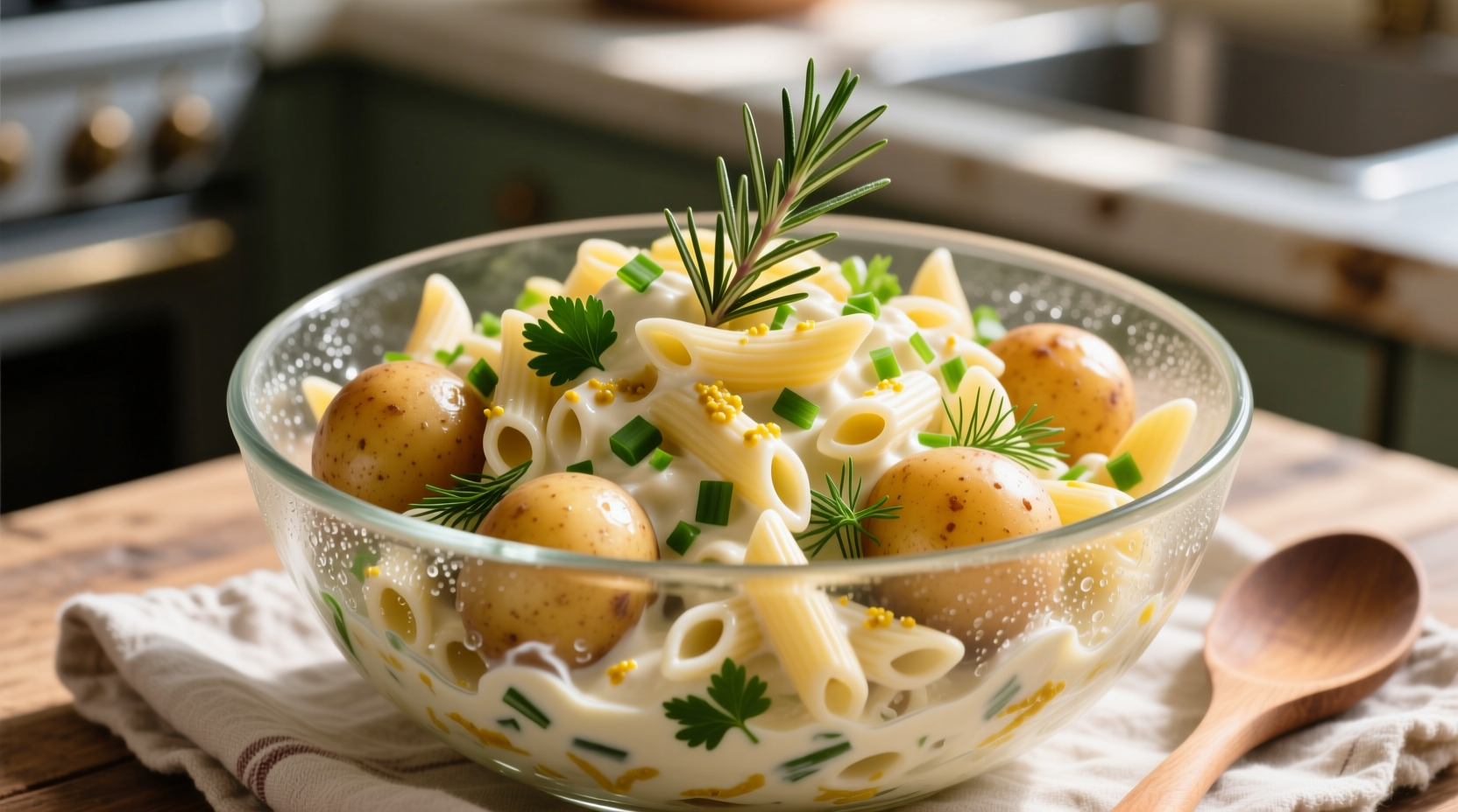 Creamy potato and macaroni salad in glass bowl with fresh herbs