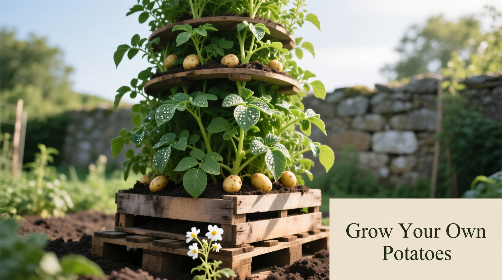 Vertical potato tower with growing plants