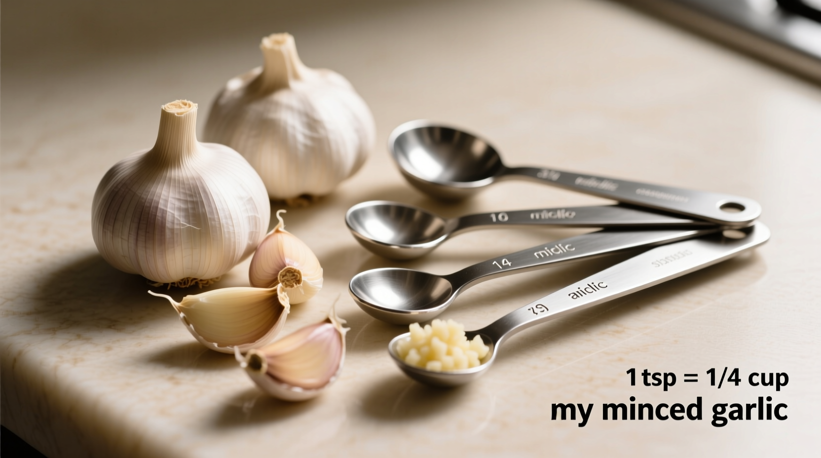 Fresh garlic cloves next to measuring spoons showing minced conversion