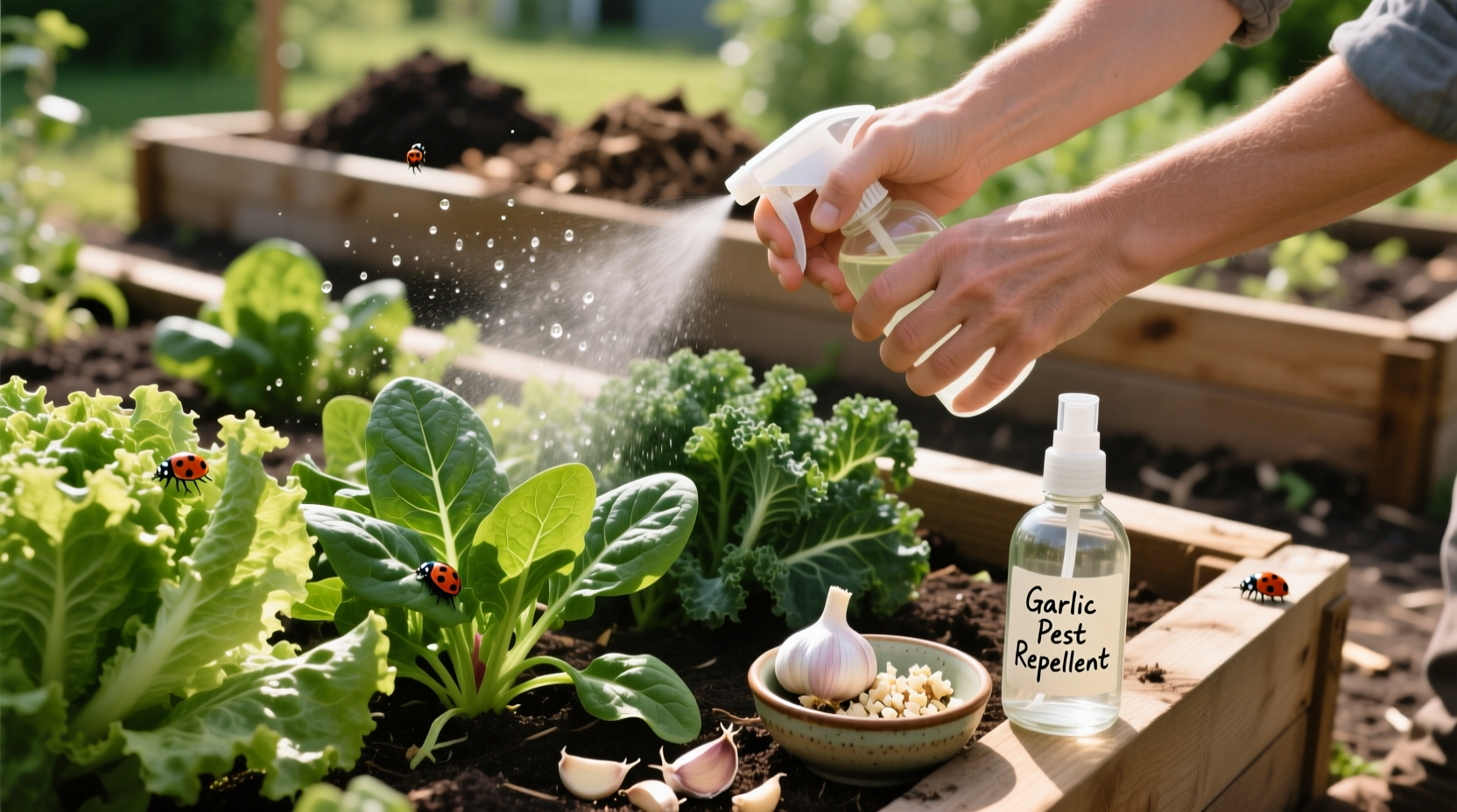 Homemade garlic spray application in vegetable garden