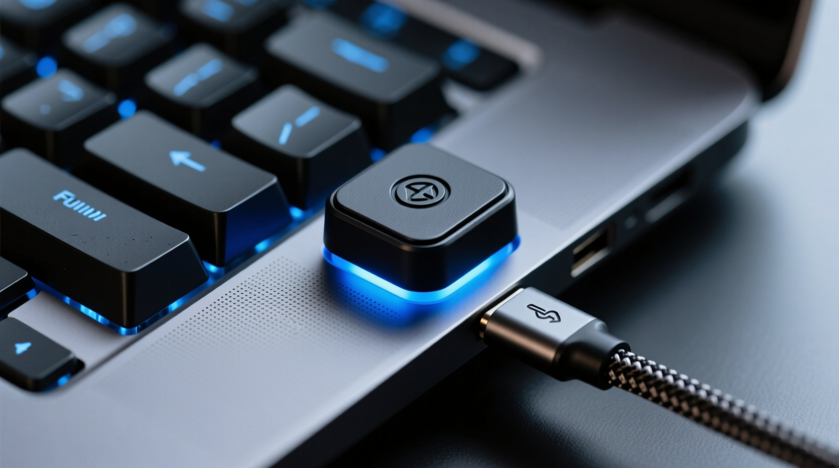 Close-up photo of a compact, matte-black programmable button mounted beside a mechanical keyboard, with soft LED backlight glowing blue, connected via braided USB-C cable to a laptop