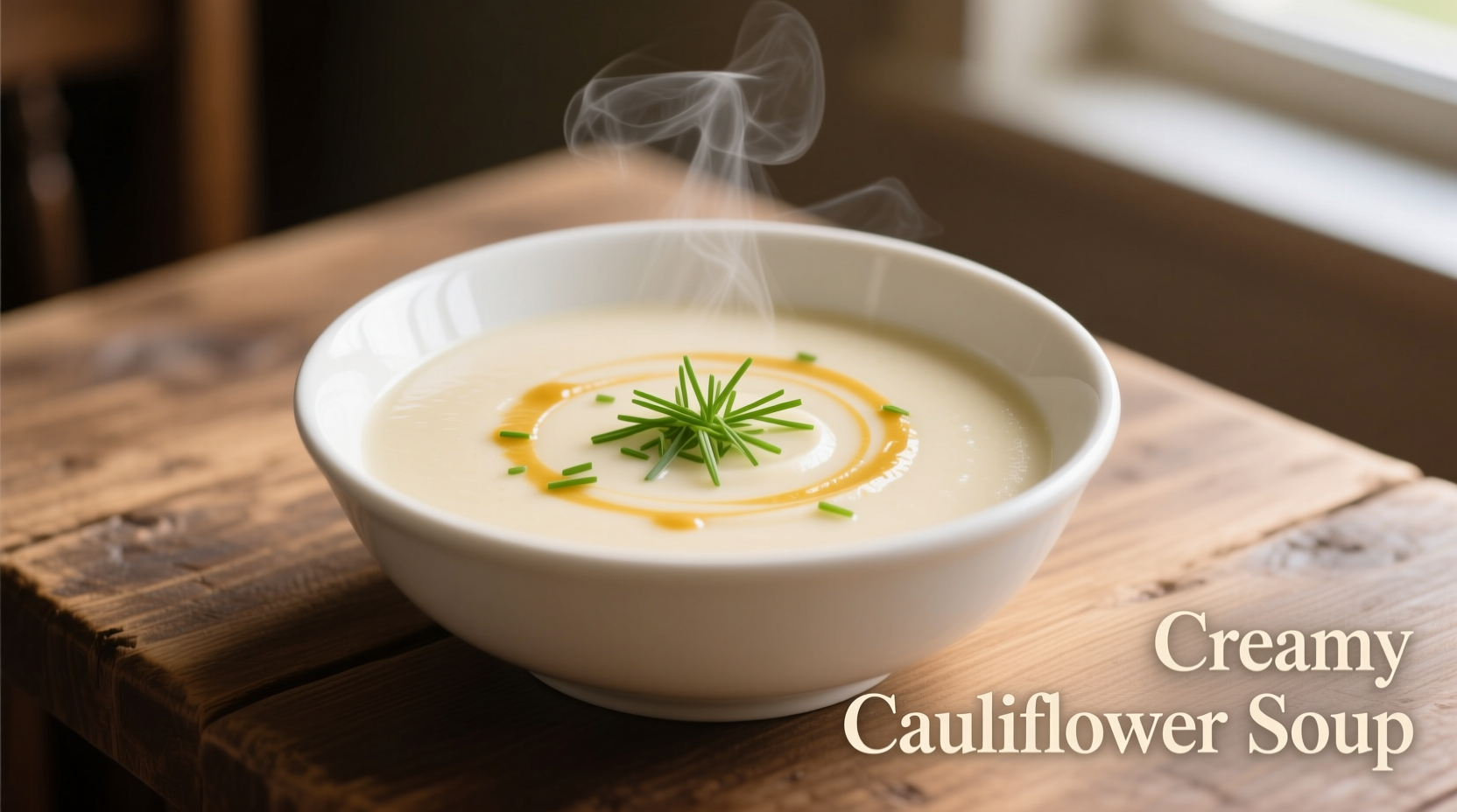 Creamy cauliflower soup in white bowl with chive garnish