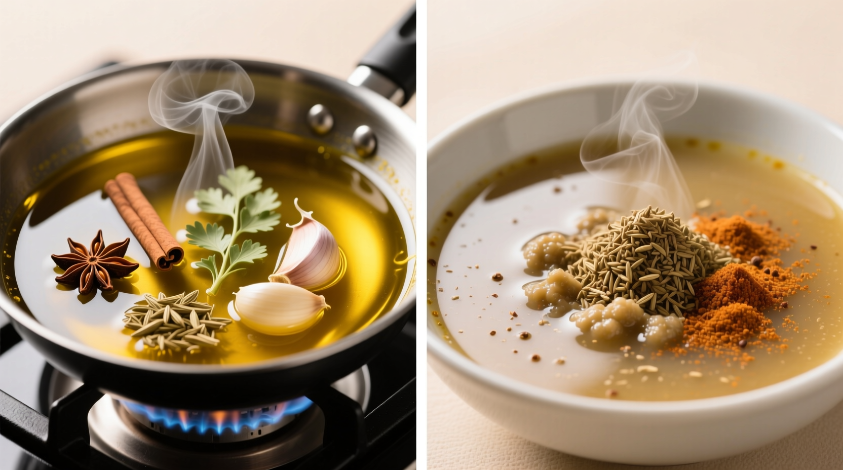 Side-by-side: properly bloomed spices in oil vs clumped spices in cold slurry