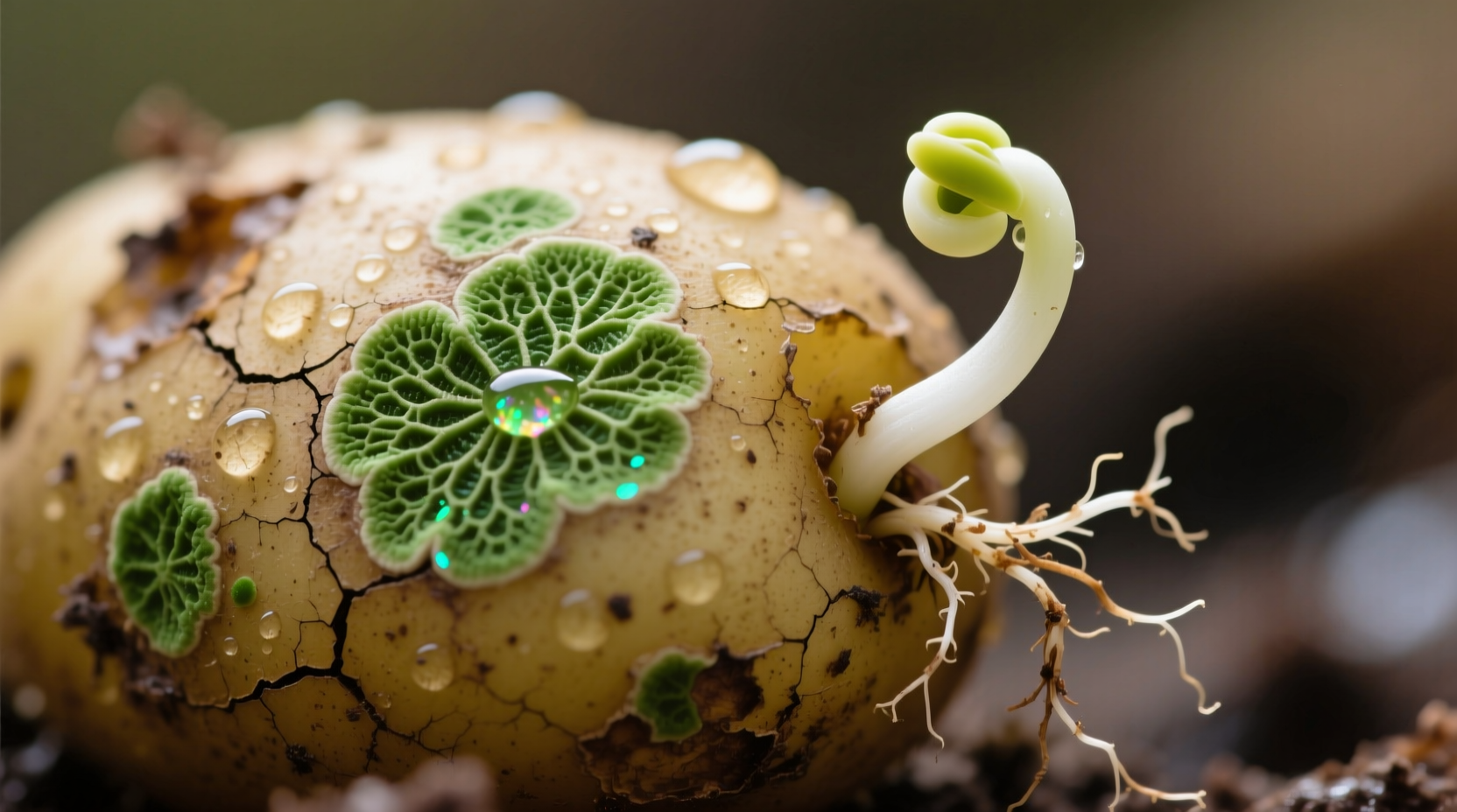 Close-up of green spots and sprouts on spoiled potato