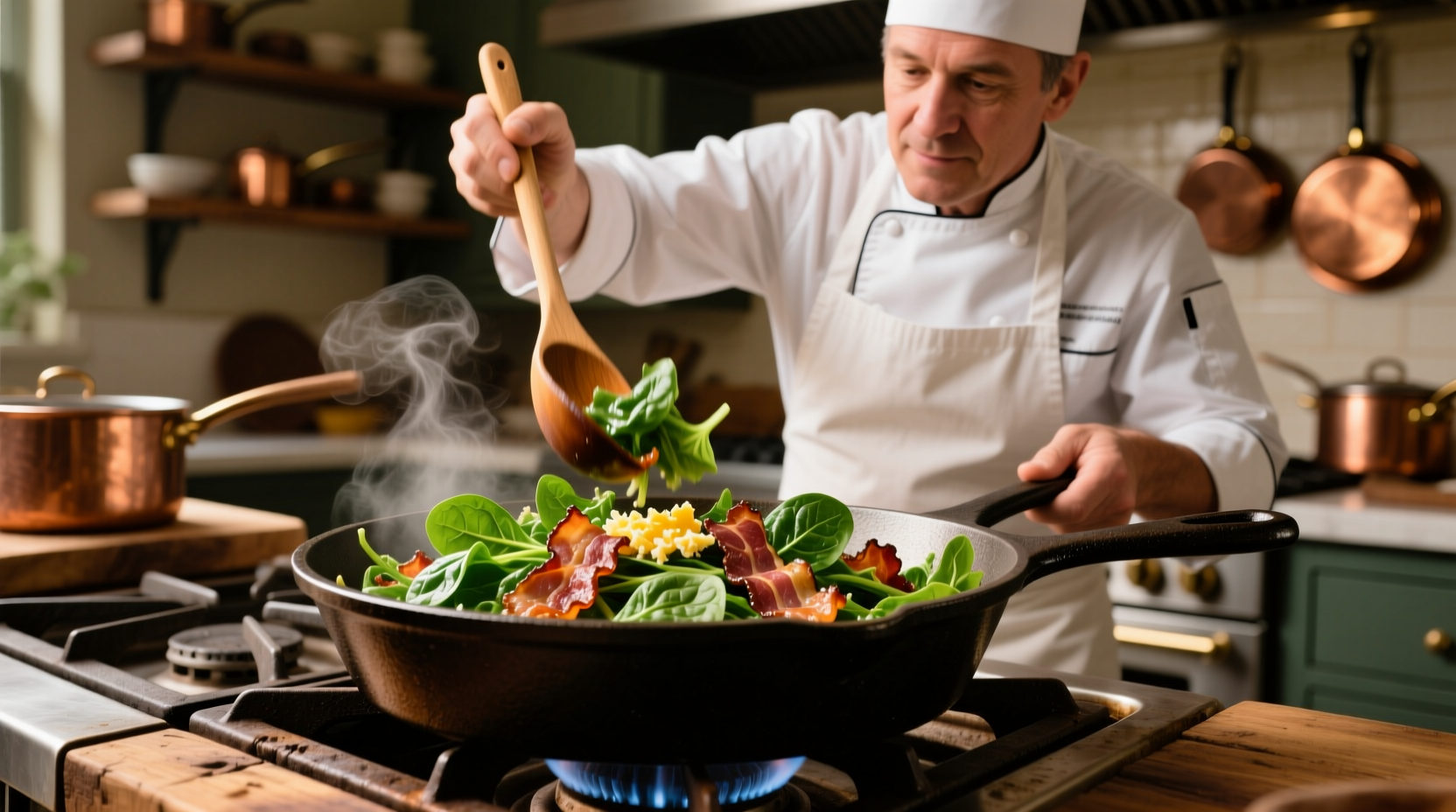 Chef preparing warm bacon spinach salad in cast iron skillet