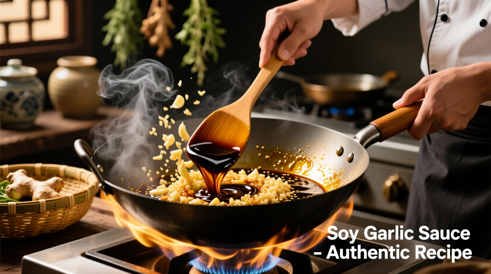 Soy garlic sauce preparation in wok