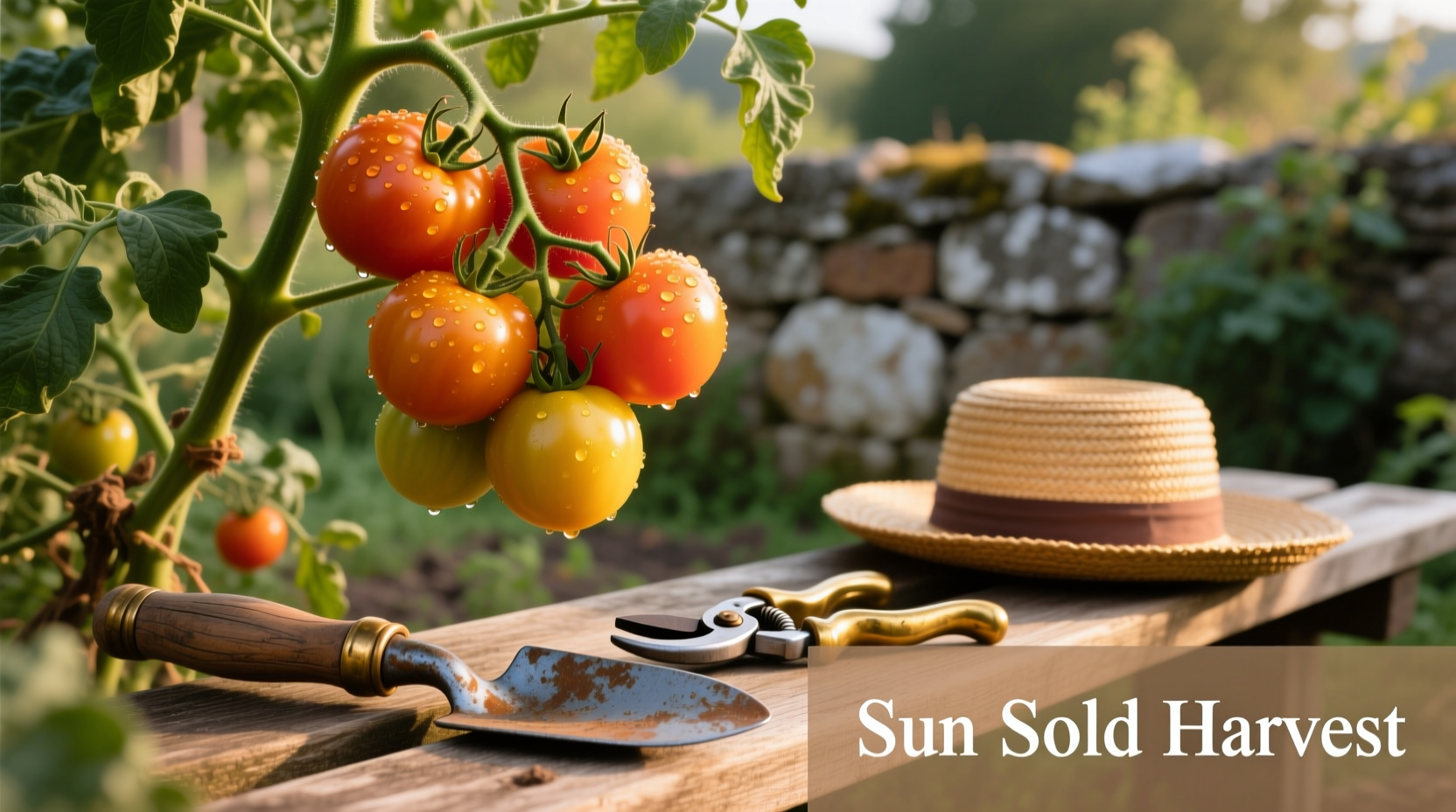 Ripe Sun Gold tomatoes on vine with gardening tools