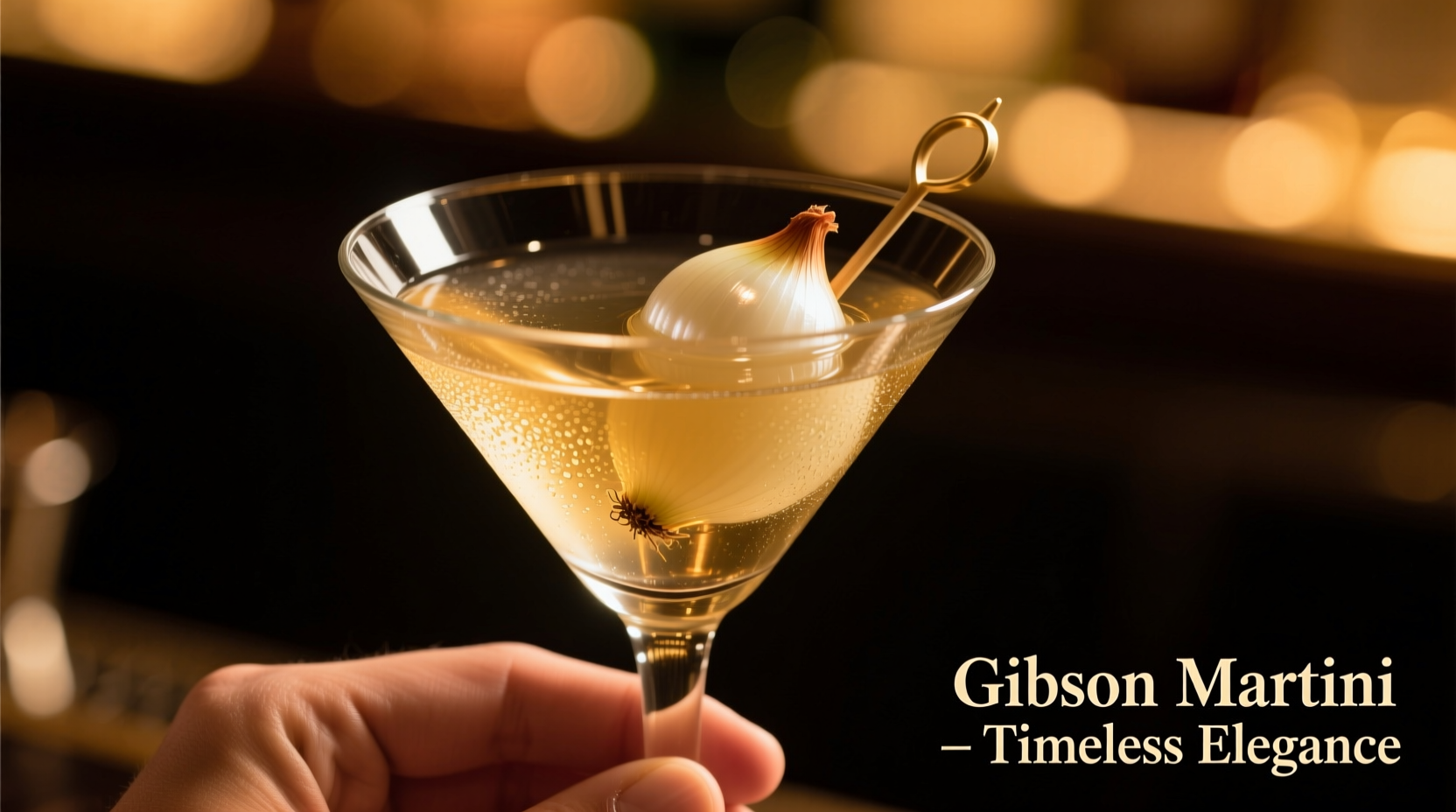 Classic Gibson martini in a stemmed glass with pearl onion garnish
