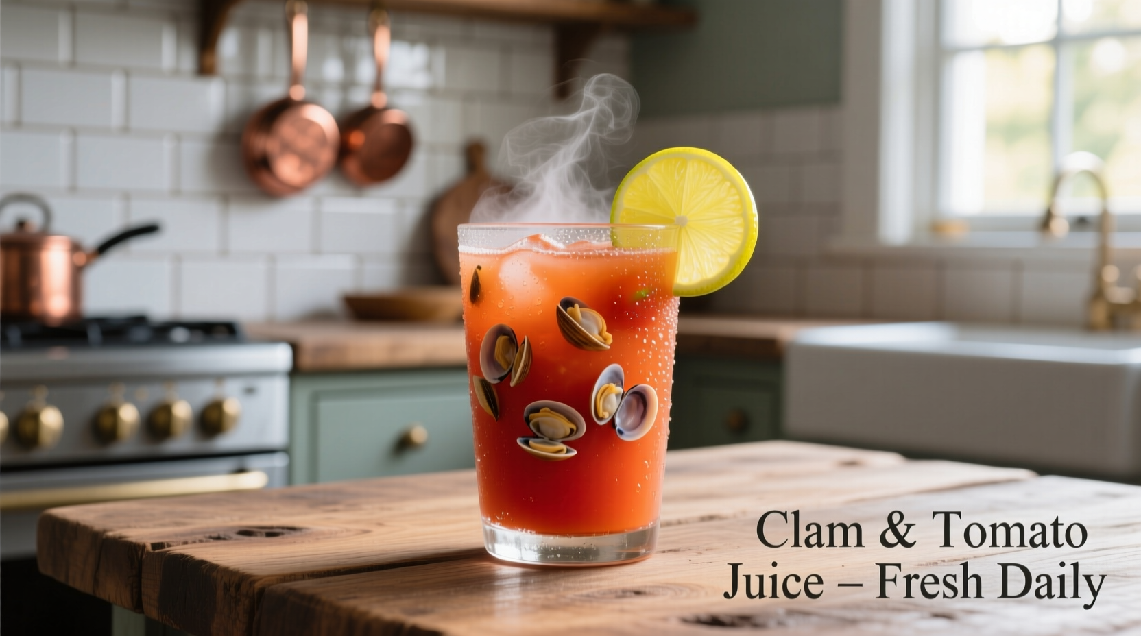 Clam and tomato juice in a glass with lime wedge