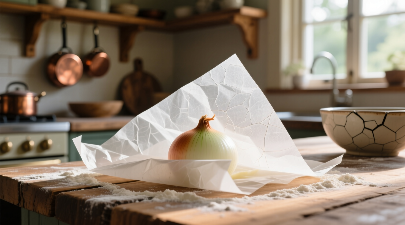 Thin translucent onion paper on wooden kitchen surface