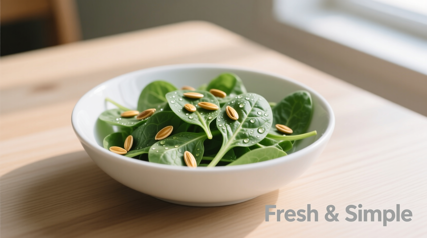 Simple spinach salad with sunflower seeds in white bowl