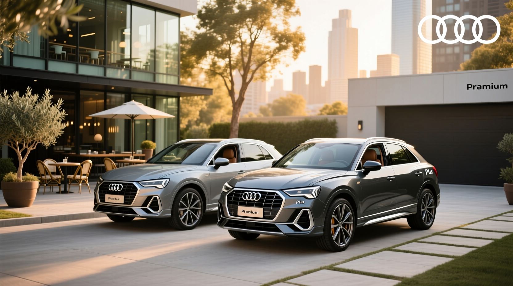 Side-by-side comparison of Audi Q3 Premium and Premium Plus models highlighting design differences