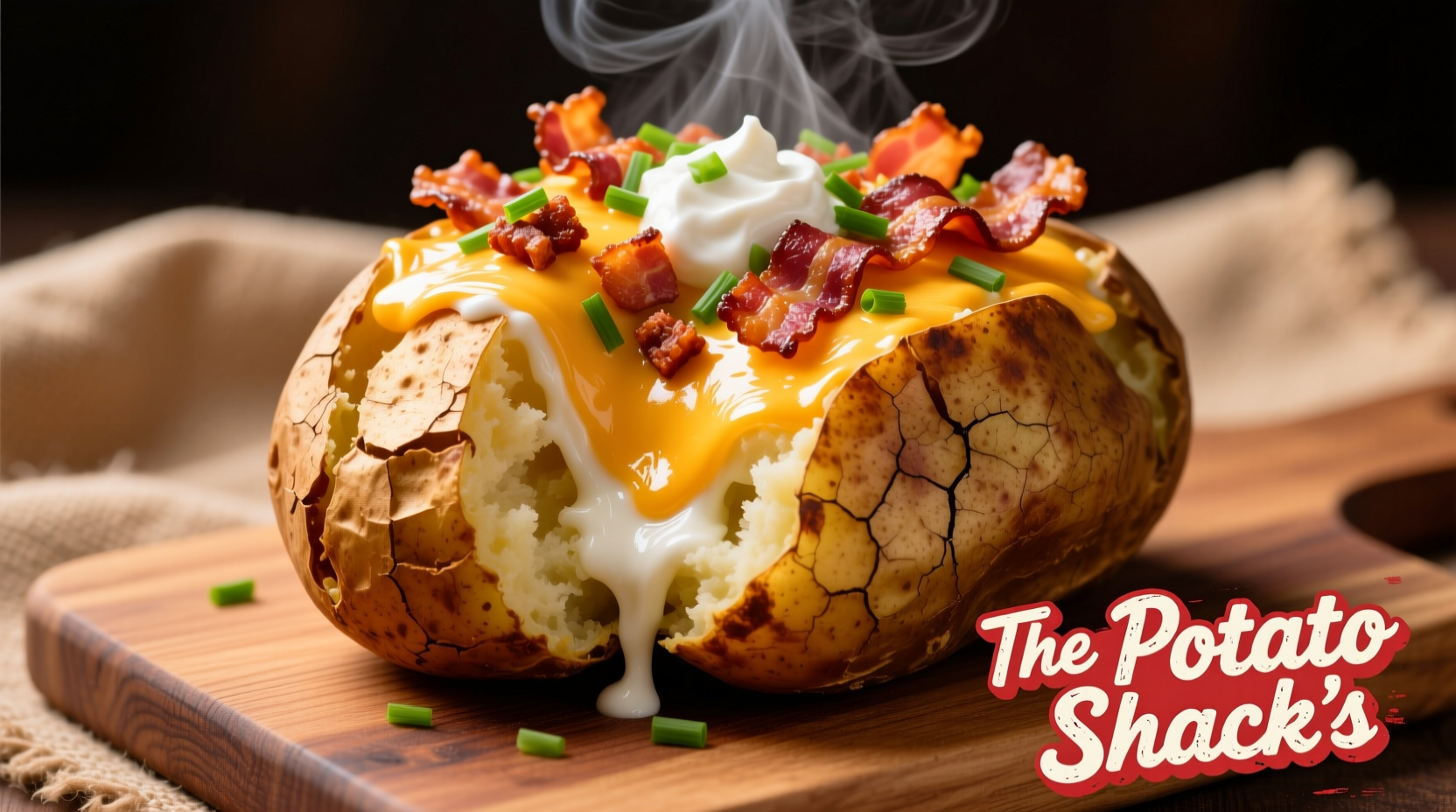The Potato Shack's signature loaded baked potato with melted cheese and bacon