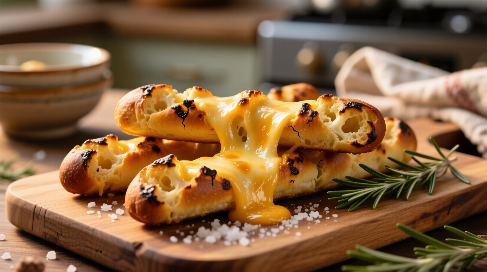 Golden brown cauliflower breadsticks with melted cheese