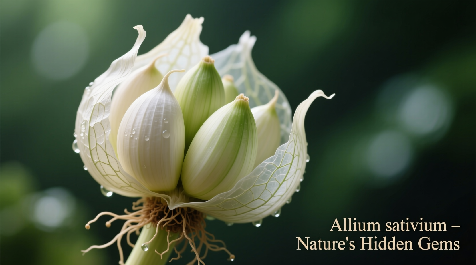 Close-up of garlic bulbils in their protective bract