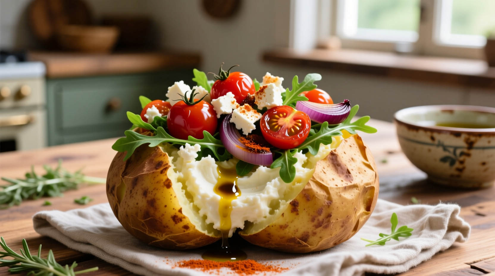 Colorful baked potato with multiple topping options