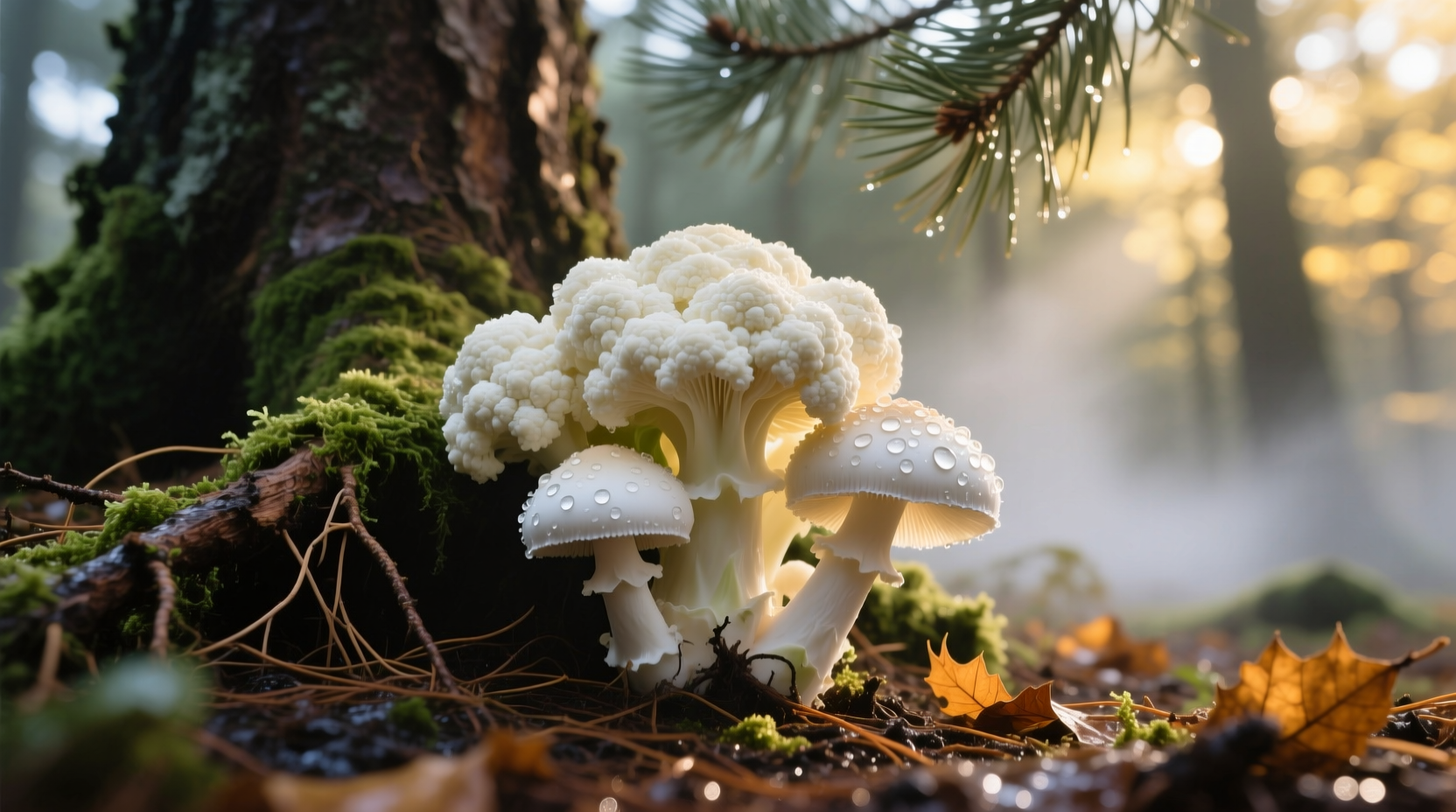 Fresh cauliflower mushrooms growing at base of pine tree
