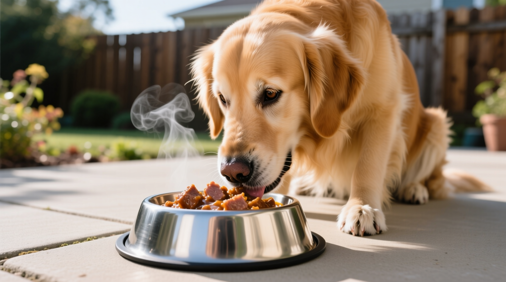 Dog eating from stainless steel bowl with canned food