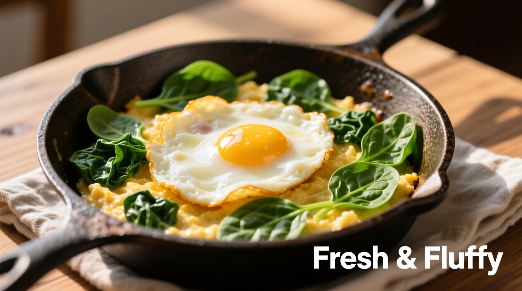 Perfectly cooked scrambled eggs with vibrant green spinach