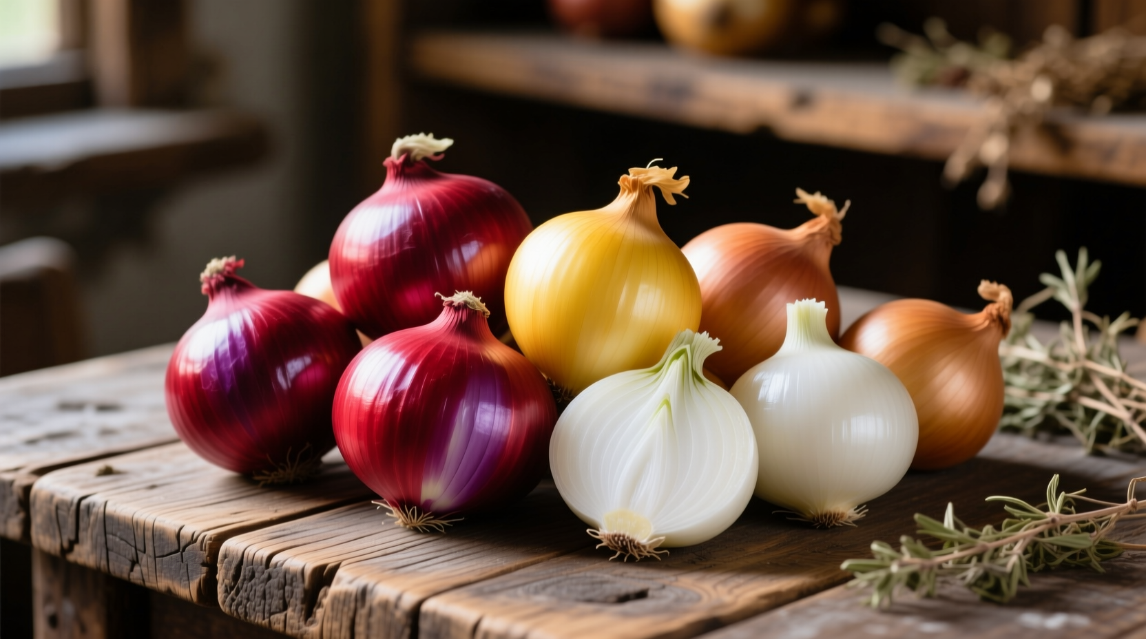 Colorful array of red, yellow, and white onions on wooden table