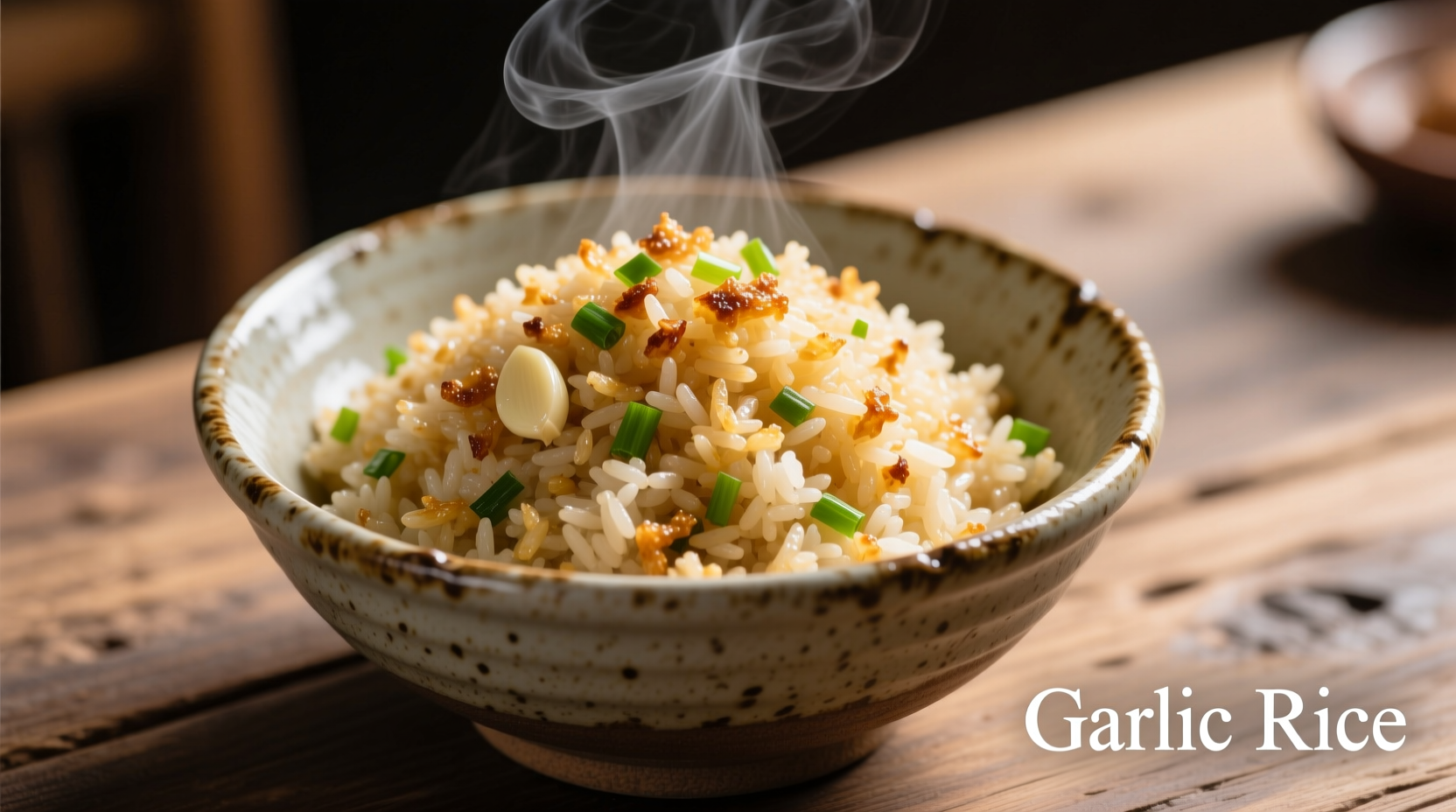 Perfectly cooked garlic rice in ceramic bowl