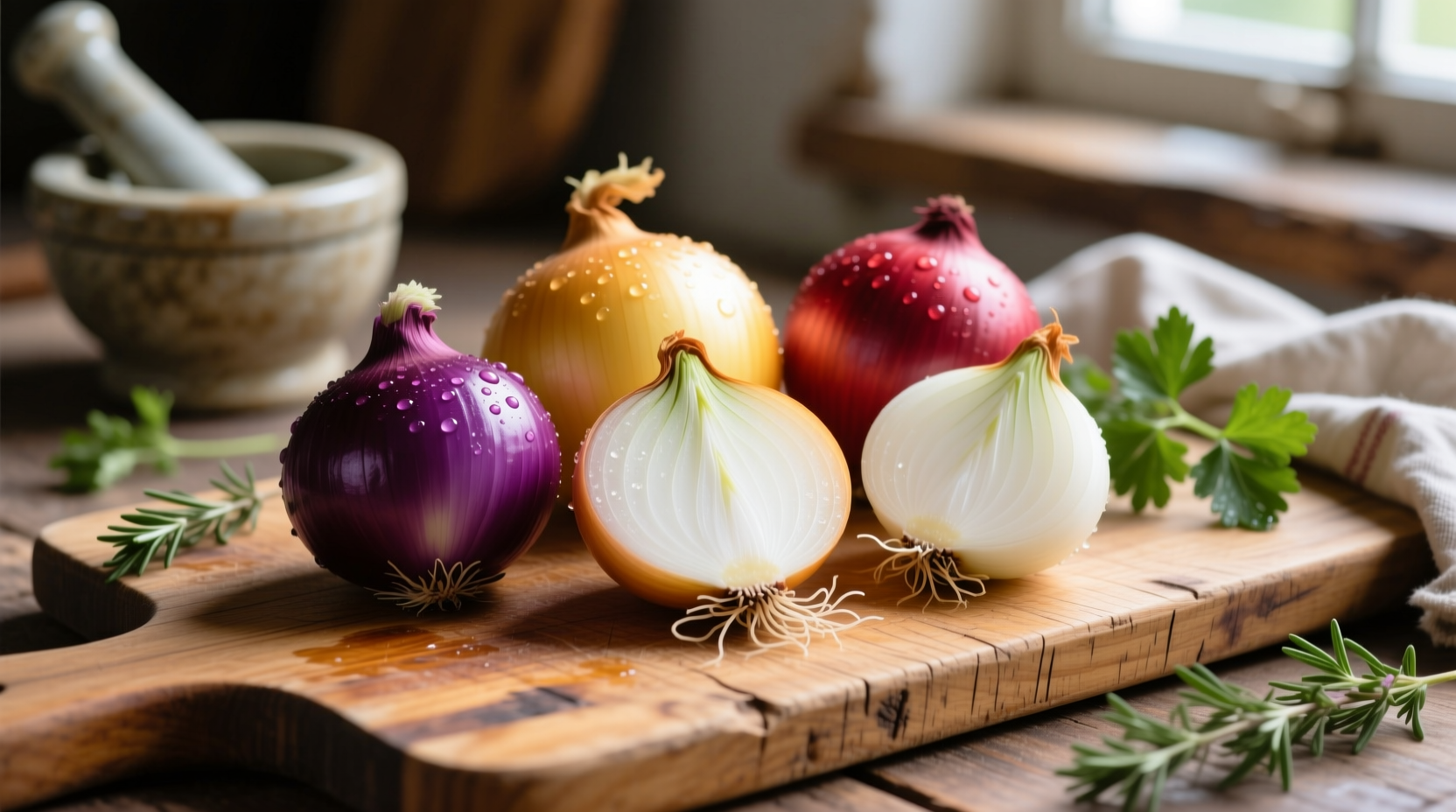 Fresh onion varieties on wooden cutting board