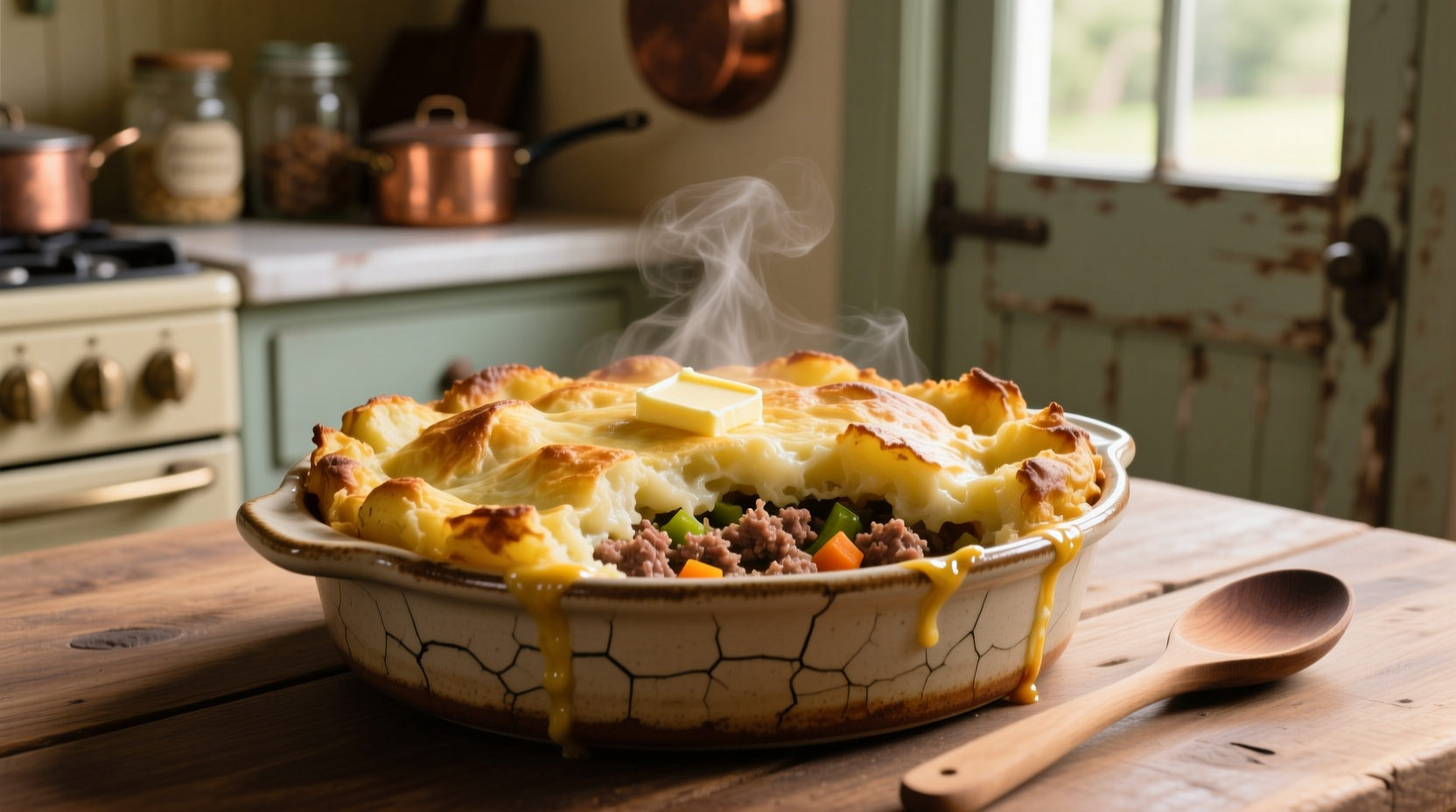 Shepherd's pie with baked potato topping in ceramic dish