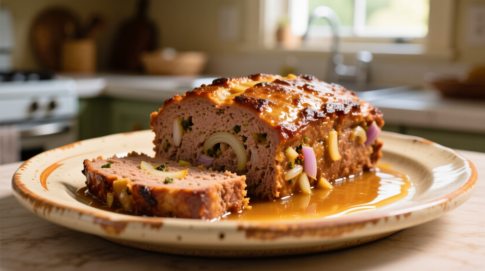 Golden brown meatloaf with onion soup mix on ceramic platter