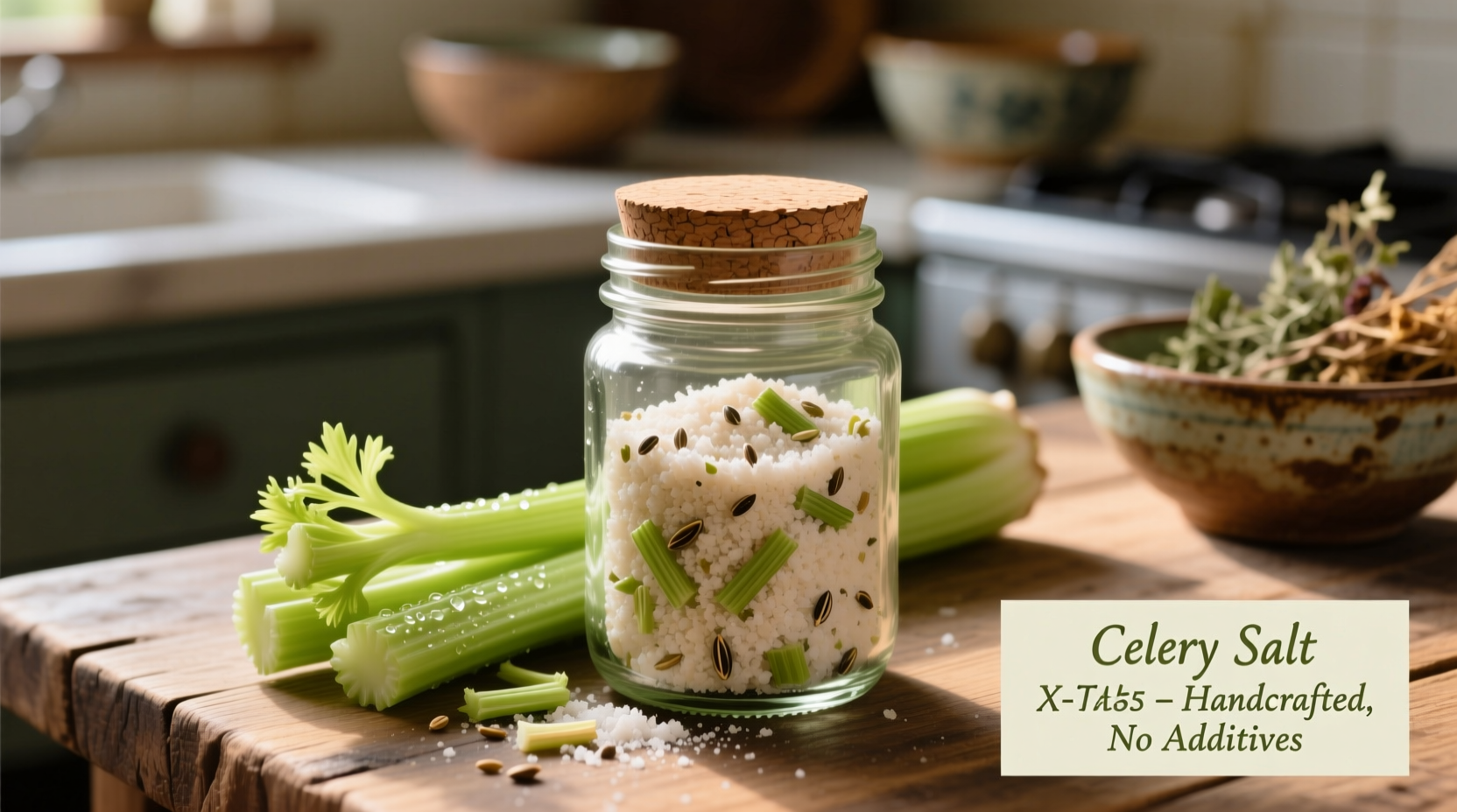 Homemade celery salt in glass jar with celery stalk